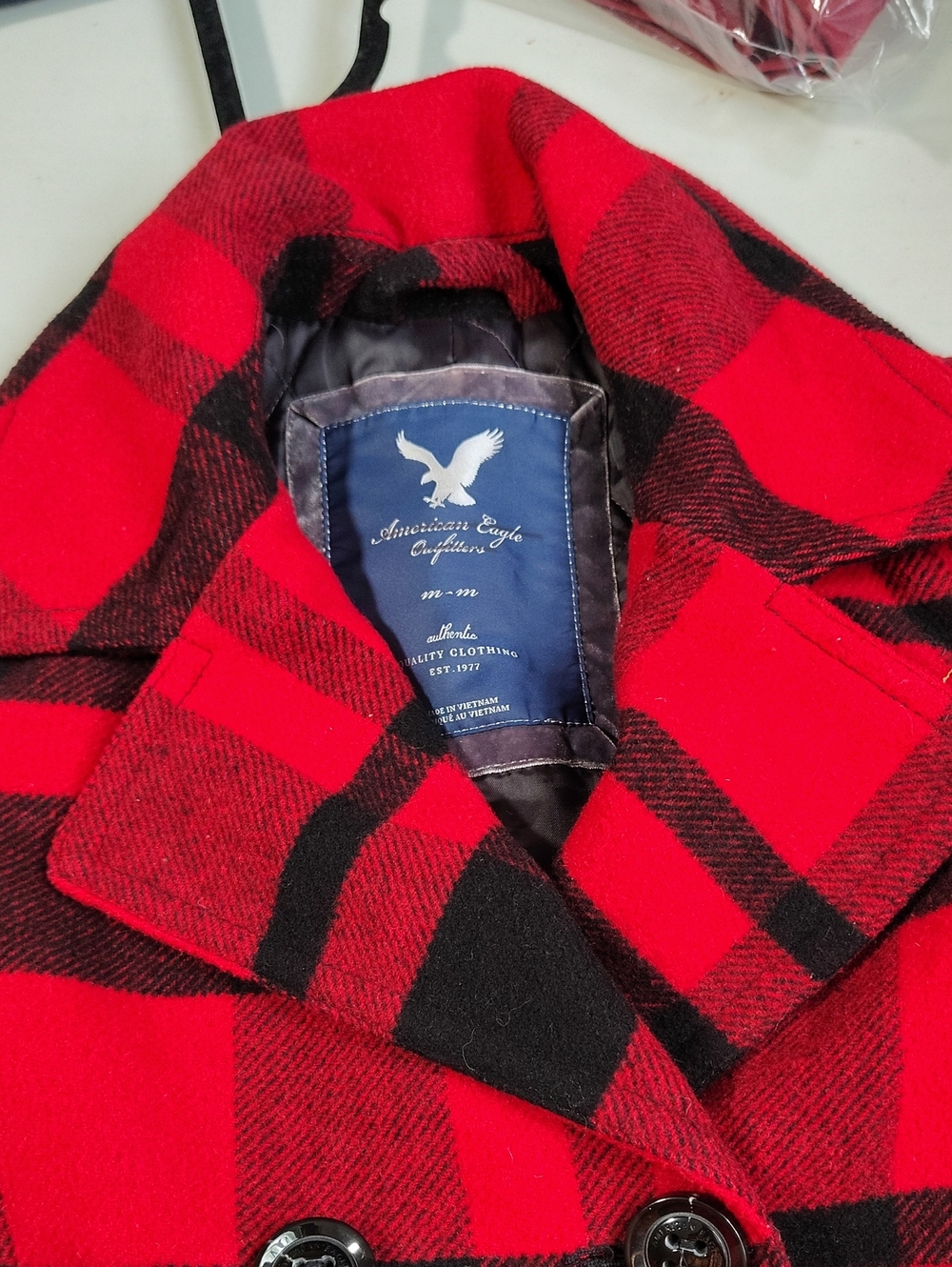 American Eagle Wool Blend Double Breasted Buffalo Plaid Pea Coat Size M Y2K - Picture 15 of 16